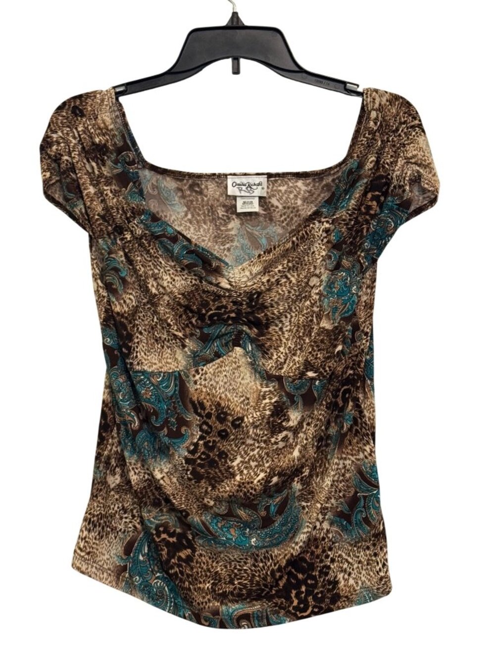vintage Claudia Richard Womens Ruched Animal Print Top Medium Brown Turquoise
